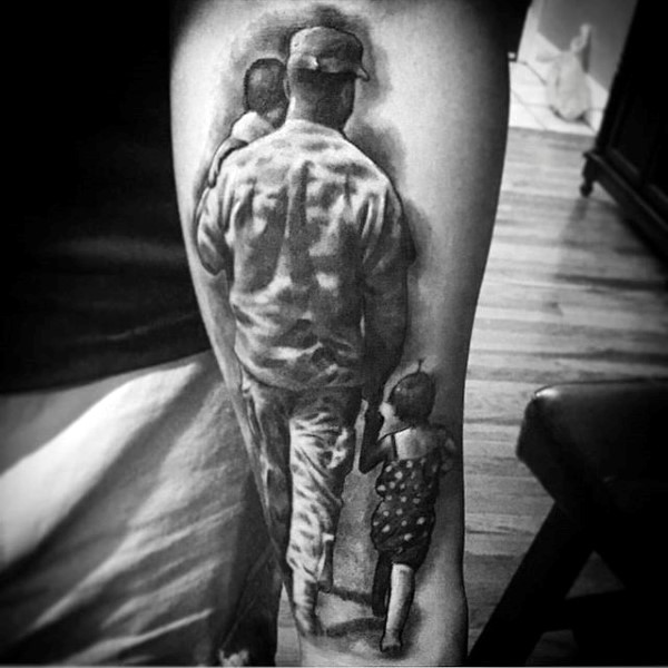 3D like black ink father with children tattoo on arm