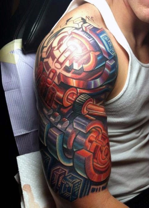 3D like colored alien style on half sleeve tattoo of various mechanisms