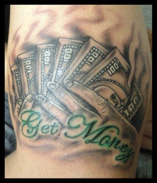3D like colored arm tattoo of hand with money and lettering