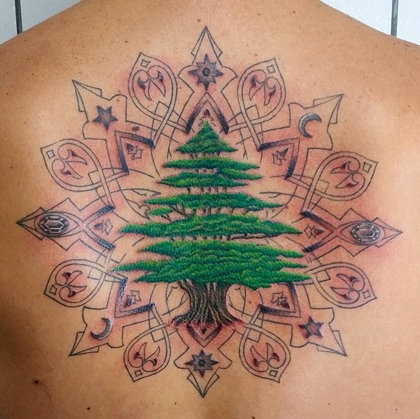 Tatuaje en la espalda, pino lindo y ornamento con signos secretos
