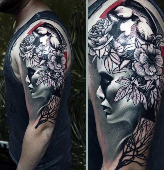 3D farbige gruselige Frau mit Blumen Schulter Tattoo