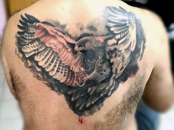 3D colorato dettagliato aquila tatuaggio su parte superiore della schiena