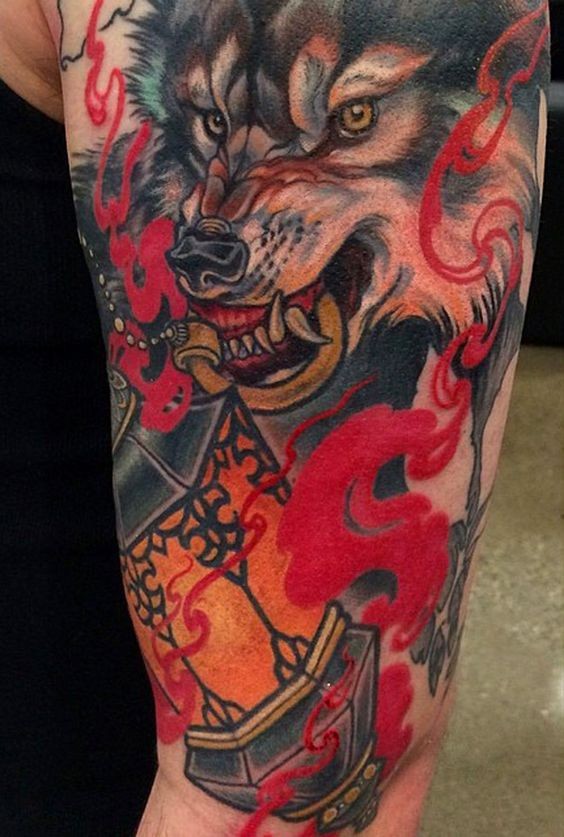 3D like colorful angry wolf with antic street lighter on half sleeve tattoo stylized with mystic red fog