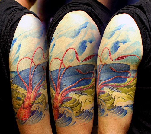 3D like colorful big squid attacking the wale half sleeve tattoo