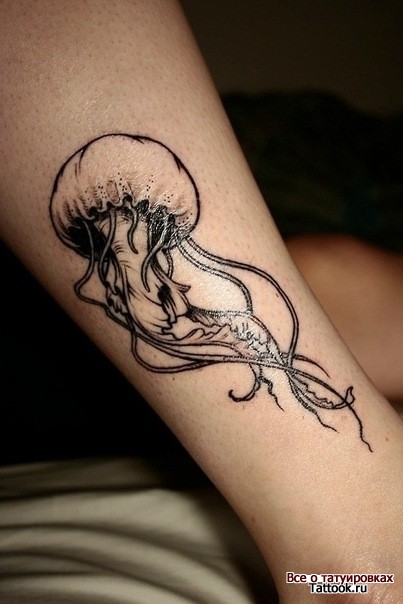 3D like detailed black and white jelly-fish tattoo on leg