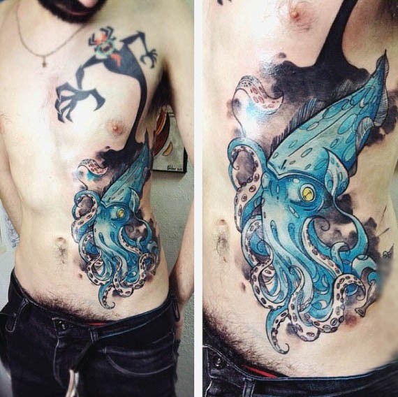 3D like detailed blue colored squid tattoo on side