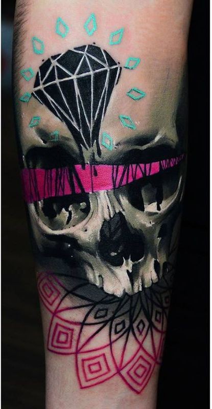 3D like detailed colored human skull tattoo on sleeve with diamond and ornaments