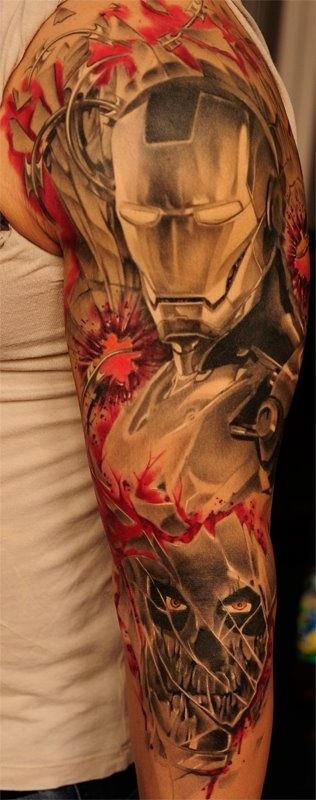 3D like half colored Iron man tattoo on sleeve combined with demonic skull
