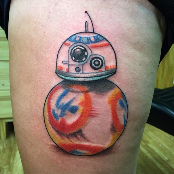 3D like interesting colored little new episode droid thigh tattoo