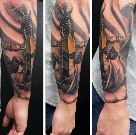 3D like massive medieval sword in flower tattoo on arm