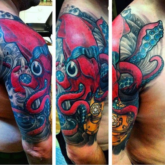 3D like multicolored squid with old divers helmet half sleeve tattoo