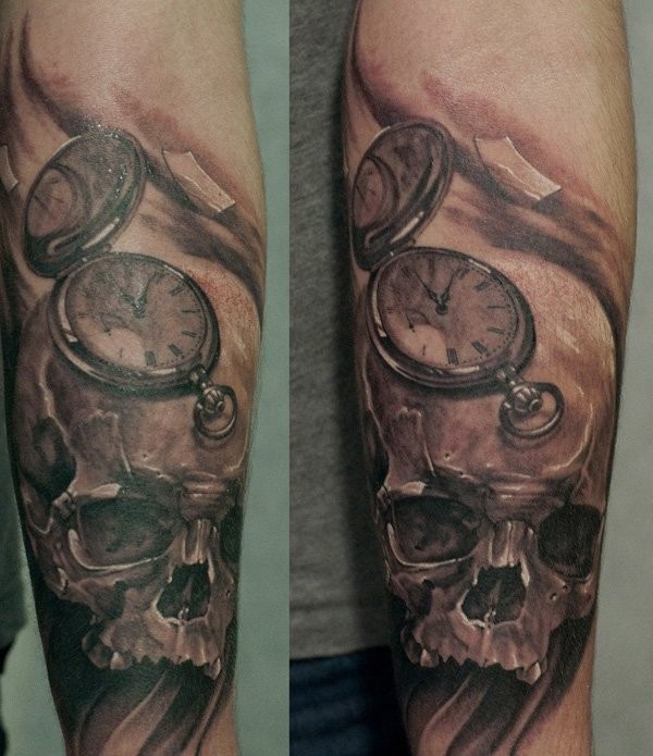 3D like natural looking black and white forearm tattoo of human skull with pocket clock