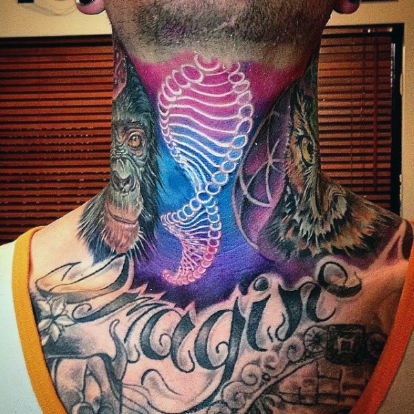 3D like nice colored DNA tattoo on neck
