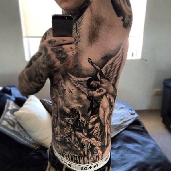 3D like realistic looking black and white angels tattoo on chest and belly