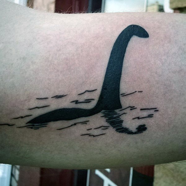 3D like simple painted black ink dinosaur in lake tattoo on arm