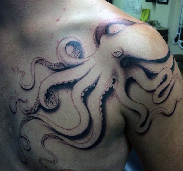 3D ungefärbter großer Oktopus Tattoo an der Schulter