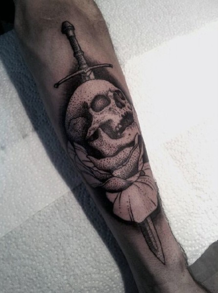 3D like unique designed black and white skull with sword and flower tattoo on leg