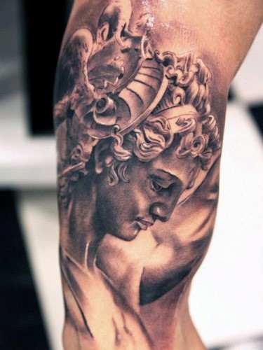3D like very realistic looking black and white antic statue tattoo on arm