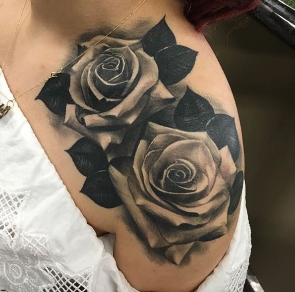 3D natural looking rose flowers tattoo on shoulder - Tattooimages.biz