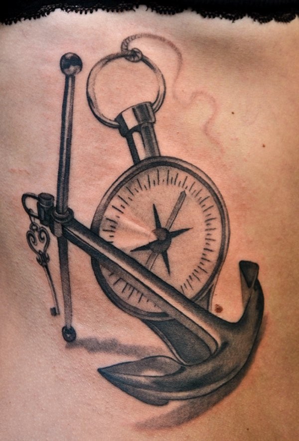 3D nautical themed side tattoo of steel anchor and compass