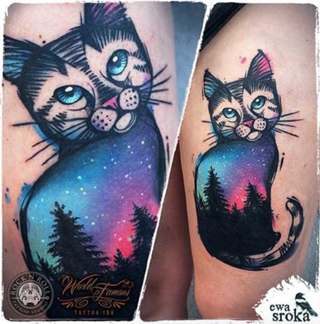 3D old school style colored funny cat tattoo on thigh stylized with night sky and forest