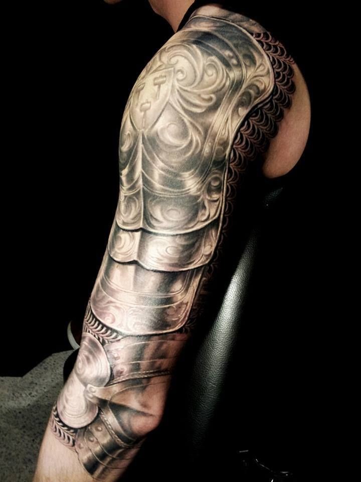 3d realistic armor tattoo on shoulder and arm