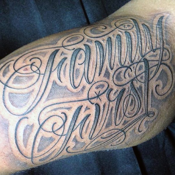 3D realistic beautiful painted lettering tattoo on arm