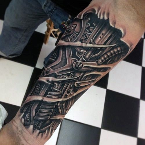 3D realistic black and white mechanical tattoo on leg