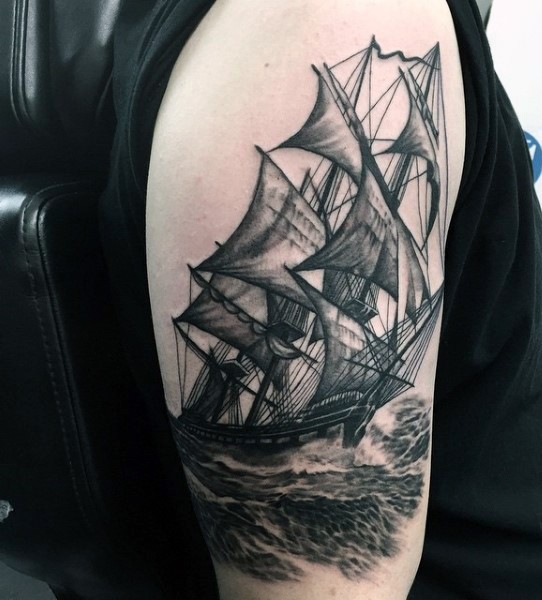 3D realistic black and white old sailing ship tattoo on arm