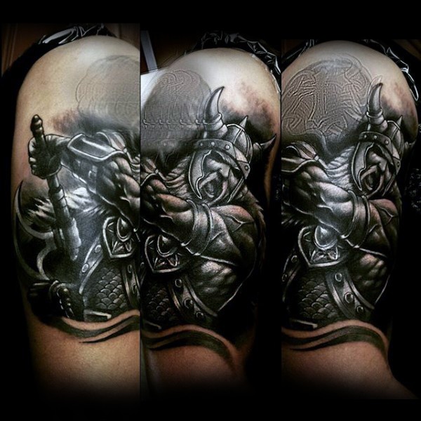 3D realistic black and white old viking warrior tattoo on upper arm