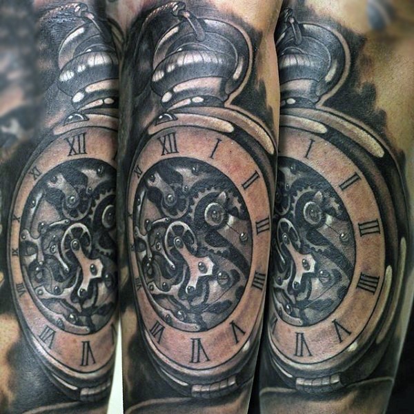 3D realistic colored old mechanical pocket clock tattoo on sleeve