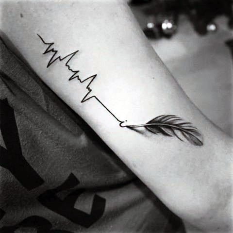 3D realistic feather drawing heart rhythm black ink tattoo