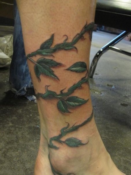 3d realistic green vine ankle tattoo