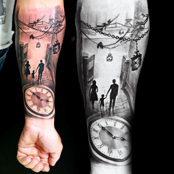 3D realistic like colored big clock with family on street arm tattoo