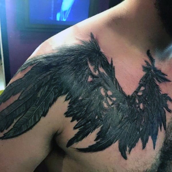 3D realistic looking black ink totem wings tattoo on chest