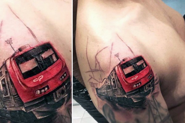 3D realistic looking colored modern train tattoo on arm top