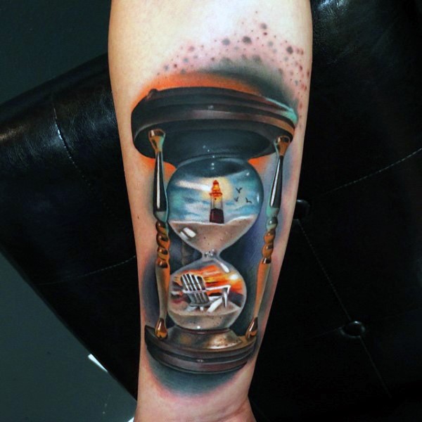 3D realistic looking sand clock stylized with lighthouse colorful tattoo on leg