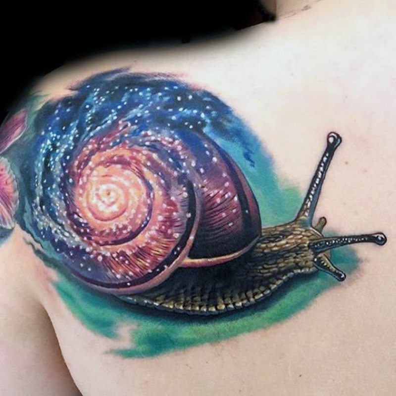 3D realistic massive snail stylized with space tattoo on shoulder