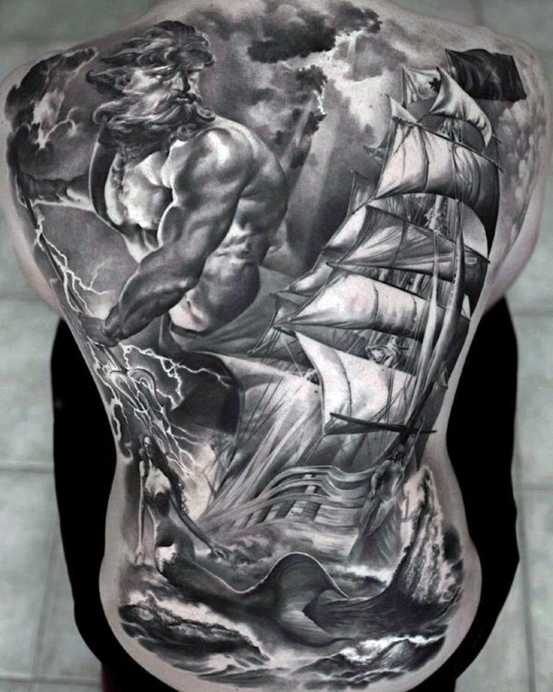 3D realistic massive very detailed Poseidon with old ship tattoo on whole back