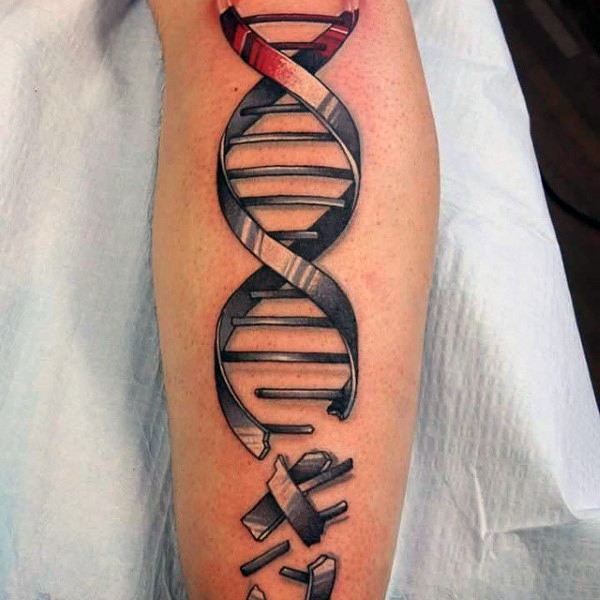 3D realistic multicolored DNA tattoo on leg