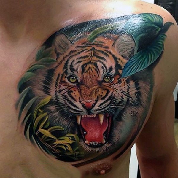 3D realistic naturally colored roaring tiger and nature scene chest tattoo