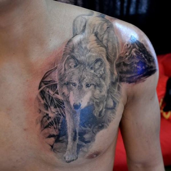3D realistic pale colored wolf walking through mountain path shoulder and chest tattoo