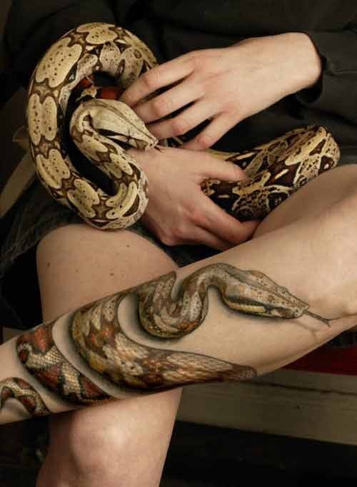 3d realistic snake tattoo on leg with real snake