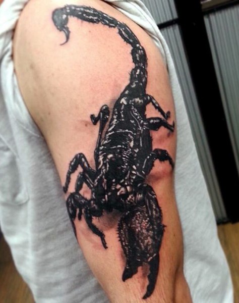 3D realistic very detailed massive black scorpion shoulder tattoo