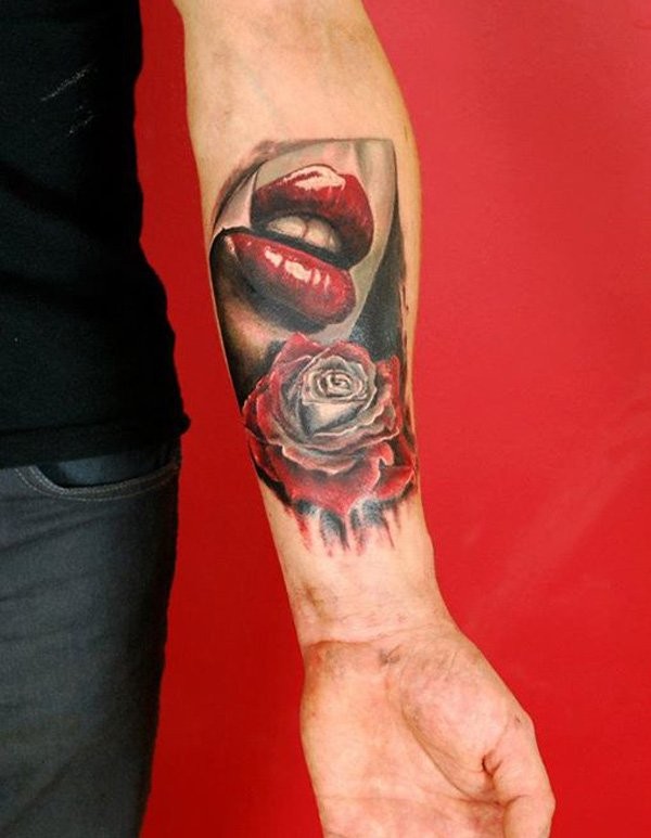 3d red lips and rose forearm tattoo