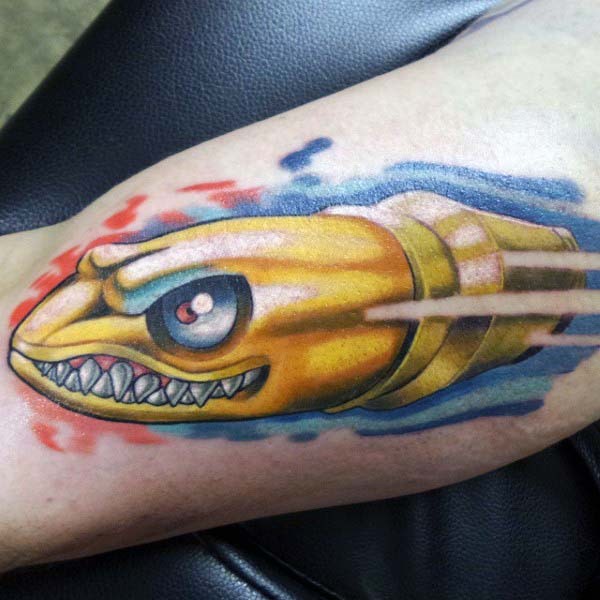 3D shark shaped golden bullet tattoo on arm