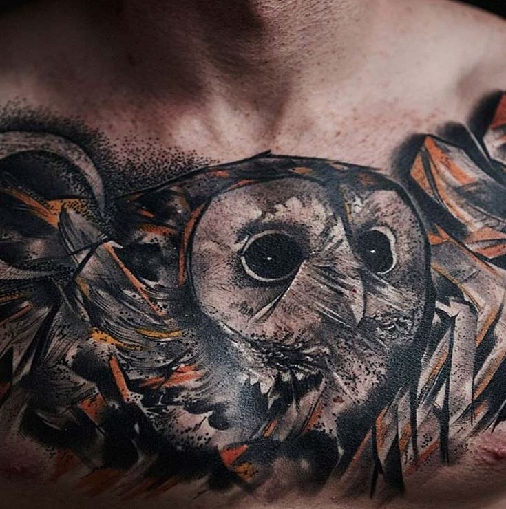 3D stone like colored very detailed chest tattoo of owl
