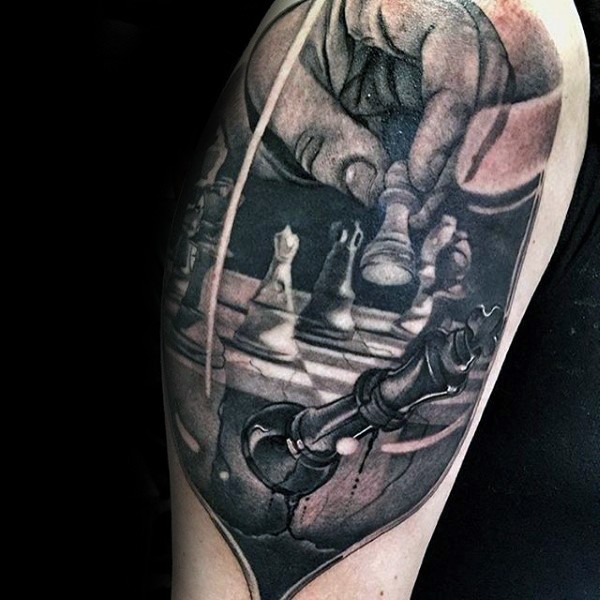 3D style amazing looking thigh tattoo of chess play