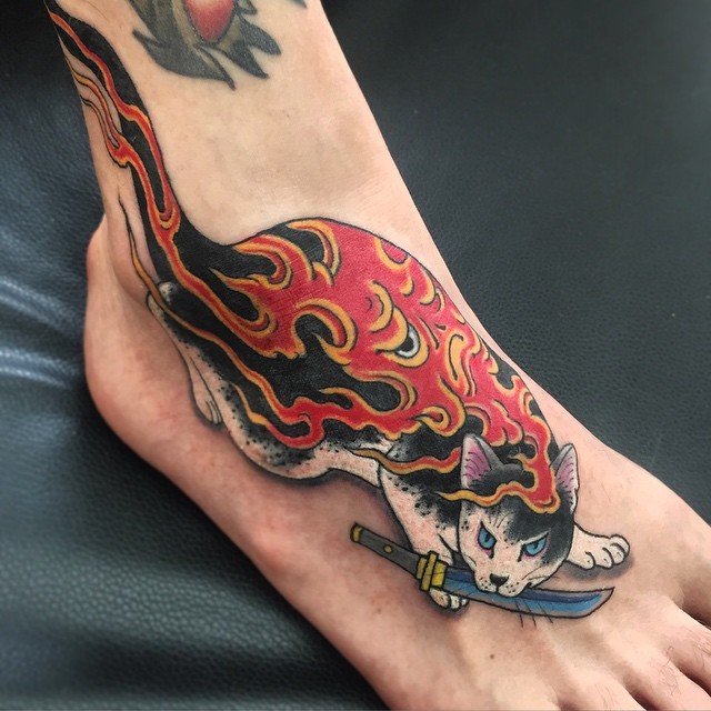 3D style awesome painted by horitomo tattoo of Manmon cat