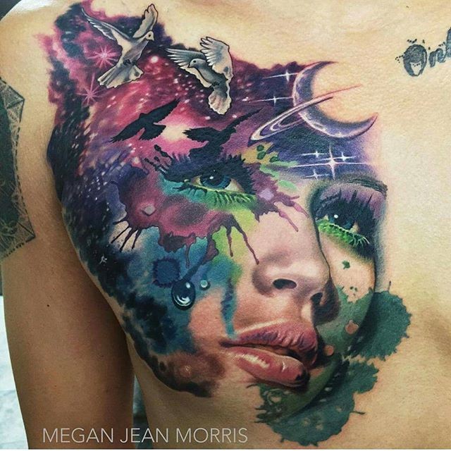 3D style beautiful looking chest tattoo of woman face stylized with birds and moon